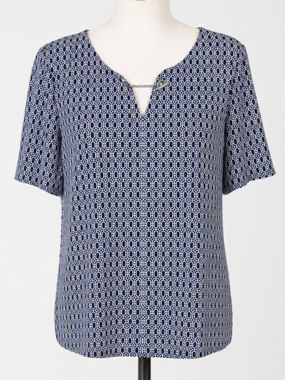 Tahari Stretch Geometric Blouse Top Women Size Large Chain Black White